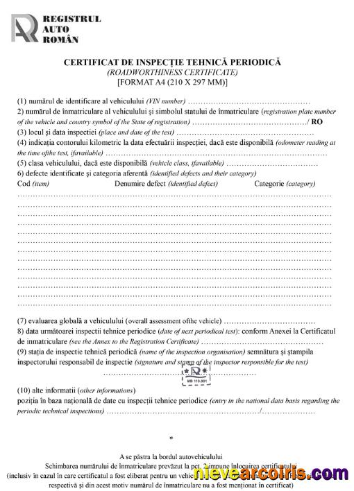 Romania Registrul Auto Român Periodic technical inspection certificate (roadworthiness certificate)